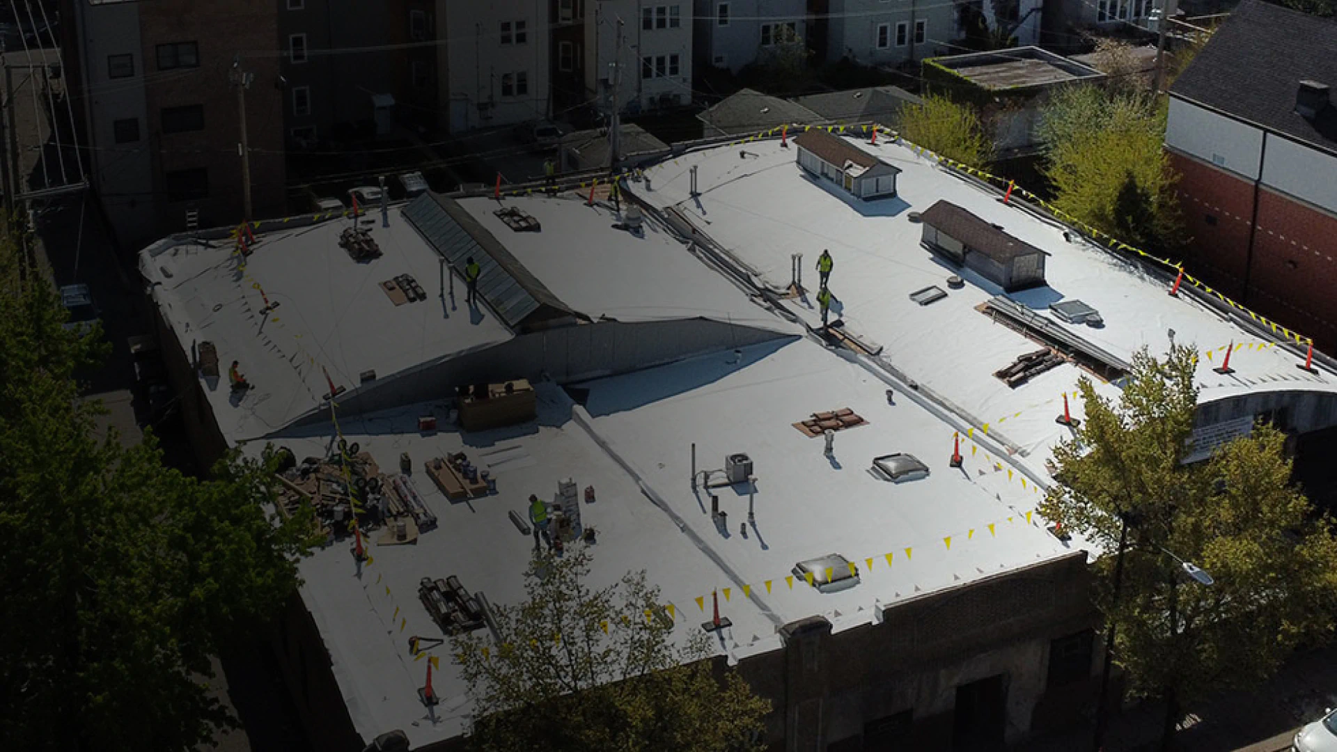 commercial building roofing installation in progress